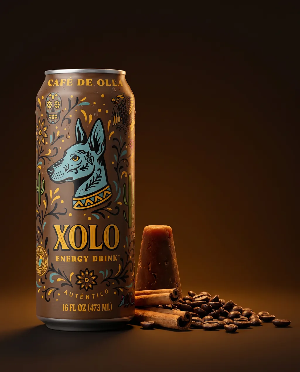 Café de Olla XOLO Energy Drink with ingredient still-life
