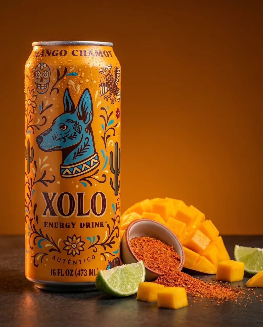 Mango Chamoy XOLO Energy Drink with ingredient still-life