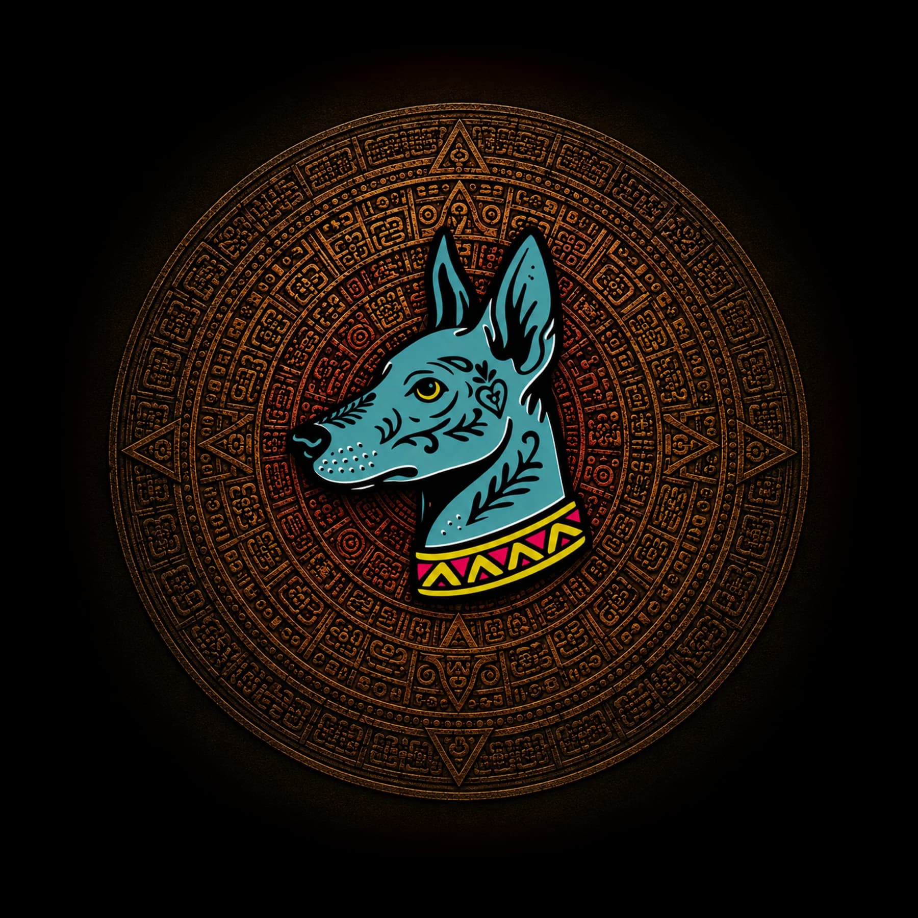 The XOLO guardian illustrated over a full Aztec sundial medallion